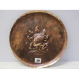 NEWLYN COPPER, circular dish decorated with embossed fish in seaweed, stamped "Newlyn", 11" dia