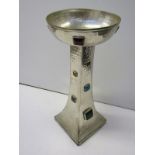 ARTS & CRAFT, plated square base table centre piece inset with stone and glass panels, 12" height