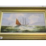 KEN HAMMOND, signed painting on canvas, "Two Frigates and Fishing Boat off Headland", 9.5" x 19"