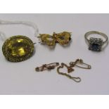 9ct GOLD BROOCH FOB WATCH, in form of a ribbon, white metal dress ring, yellow metal citrine