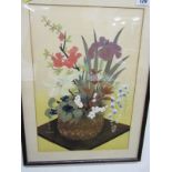 BAKUFO OHNO, signed Japanese colour woodblock "Bamboo Vase of Flowers on Plinth", 15" x 10"