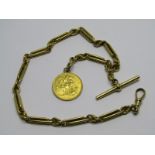 18ct YELLOW GOLD ALBERT WATCH CHAIN together with T bar and 1887 full sovereign, total weight of