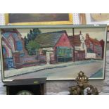 FRED YATES, signed oil on board, dated 1974, "The Corner Shop", 15" x 30"