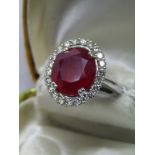 IMPRESSIVE 18ct WHITE GOLD RUBY & DIAMOND RING, large central ruby approx 13.3mm x 12.3mm,