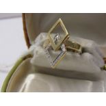 UNUSUAL 14ct YELLOW GOLD DIAMOND SET RING OF GEOMETRIC DESIGN, size K/L. 3.6 grams in weight