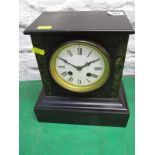 MARBLE MANTEL CLOCK, Edwardian inlaid black marble mantel clock with bell strike pendulum and key