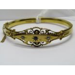 15ct GOLD SAPPHIRE & DIAMOND HINGED BANGLE in fitted case, 13.5grams, very good overall condition,