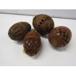 COQUILLA NUTS, 4 carved and pierced egg shaped cases