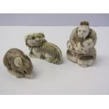 ANTIQUE NETSUKE, signed netsuke of mouse with similar temple dog and merchant, both signed bases