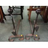 ARTS & CRAFTS METALWARE, pair of wrought iron andirons, 18" height