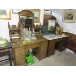 EDWARDIAN OAK FRAMED WASH STAND, mirrored & tiled back marble top kneehole wash stand with Arts &