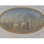 MID 19th CENTURY EQUESTRIAN PAINTING, oval pencil and watercolour "Figure with Horse before a