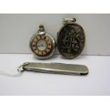 FOB WATCH, PEN KNIFE & LOCKET, silver cased pocket watch with Continetal 935 mark af, silver cased