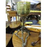 TROPHY FURNITURE, antler horn support Eastern brass jardiniere stand, 30" height