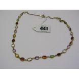 18ct YELLOW GOLD GEM SET NECKLACE, set with multi coloured gems including peridot, citrine, garnet