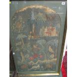 EARLY NEEDLEWORK PANEL, 18th Century gros & petit point needlework arched panel, depicting birds and