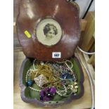 COSTUME JEWELLERY; A Victorian leather effect jewellery box a/f, with a small selection of costume