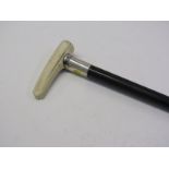 ANTIQUE IVORY GRIPPED SILVER COLLARED EBONY WALKING CANE