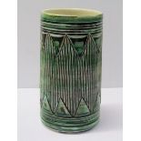 POOLE, green glaze cylindrical 9" vase decorated with ribbed geometric design