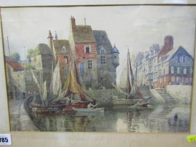 VICTORIAN MONOGRAMMED WATERCOLOUR, "Unloading the Catch at Quayside", 9" x 13"