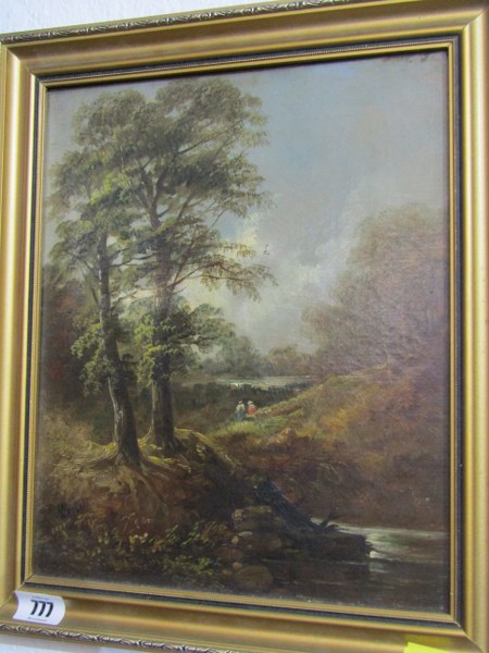 ATTRIBUTED BATH SCHOOL, oil on panel, "Figures in Wooded Riverscape", indistinctly signed, J Barker,