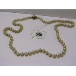 SINGLE STRING OF CULTURED PEARLS, on 14ct yellow gold clasp