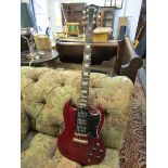 SHERIDAN GUITAR, Sheridan cherry red SG copy electric with 3 twin pole EMG-HZ pickups, in soft case,