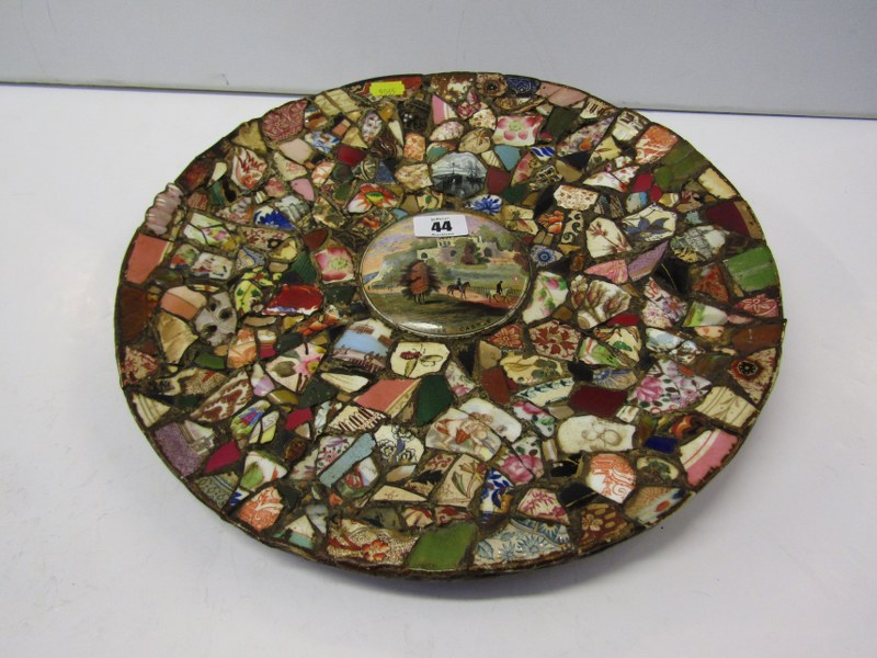 VICTORIAN FOLK ART, pot lid centre ceramic fragment encrusted charger, 13.5" dia