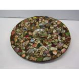 VICTORIAN FOLK ART, pot lid centre ceramic fragment encrusted charger, 13.5" dia