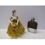EDWARDIAN HIP FLASK, silver plate and leather cased hip flask; also Coalport figure "Teresa"