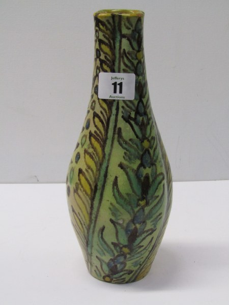 ART POTTERY, Della Robbia- style narrow bodied oviform pottery vase decorated with stylised floral