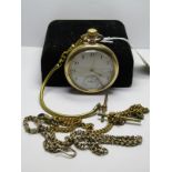 GOLD PLATED WALTHAM OPEN FACED POCKET WATCH; together with 3 yellow metal Albert chains