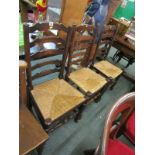 LADDER BACK CHAIRS, set of 4 rush seated antique design ladder back chairs with turned stretchers