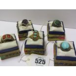 5 HARDSTONE SET CHINESE SILVER GILT RINGS in card and silk boxes