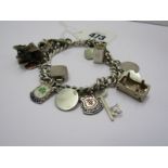 SILVER CHARM BRACELET, including gypsy caravan, church, entertainment centre, boxing gloves, etc