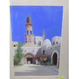 SIGNED GOUACHE, dated 1935, "Outside the Mosque", 14" x 9"