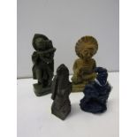 EASTERN CARVINGS, carved lapis lazuli seated figure, 2.75" height, together with 3 other Indian