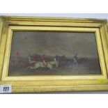 J F HERRING, signed oil on panel dated 1849? "Steeple Chase with Horses at Full Gallop", 6" x 11.5"