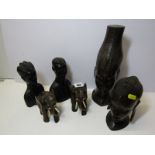 ETHNIC CARVINGS, pair of carved African hardwood elephants and 4 head and shoulder sculptures