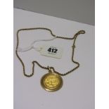 SWISS GOLD 10 FRANC COIN, dated 1935 loose set in 18ct gold mount on 18ct gold rope chain.