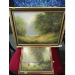 LES PARSON; Oil on canvas 'Figure Seated in Wooded Creek', together with one smaller oil 'The