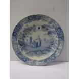 EARLY SPODE, "Girl at the Well" blue transfer pattern, 12.25" circular dish