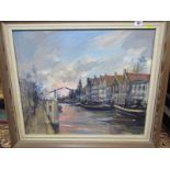 MATT BRUCE, signed oil on board, "Dutch Canal Scene", 19.5" x 23"