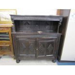 ANTIQUE COURT CUPBOARD, twin cupboard base carved oak court cupboard, 50" width