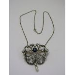 RUSSIAN SAPPHIRE DIAMOND & PEARL PENDANT, with chain in original fitted box, maker possibly A