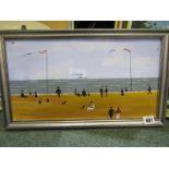 MARGARET CHAPMAN, oil on canvas, "Edwardian Beach Scene", 8.5" x 16"