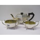 SILVER 3 PIECE TEA SET, octagonal bodied silver tea pot with ebony finial and handle with matching