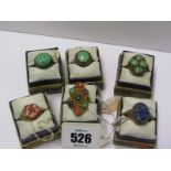 6 CHINESE HARDSTONE SET SILVER GILT RINGS