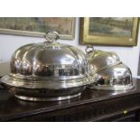 SILVER PLATE, Elkingon meat dome with gravy well warming base, together with 2 other plated meat