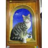 COLIN BIRCHALL, signed oil on board, "Portrait of Cat in Window Frame in Winter's Night", 23" x 16"